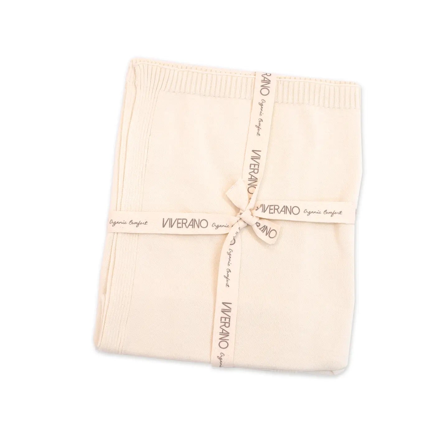 Folded beige blanket with 'Viverano' branding on a white background