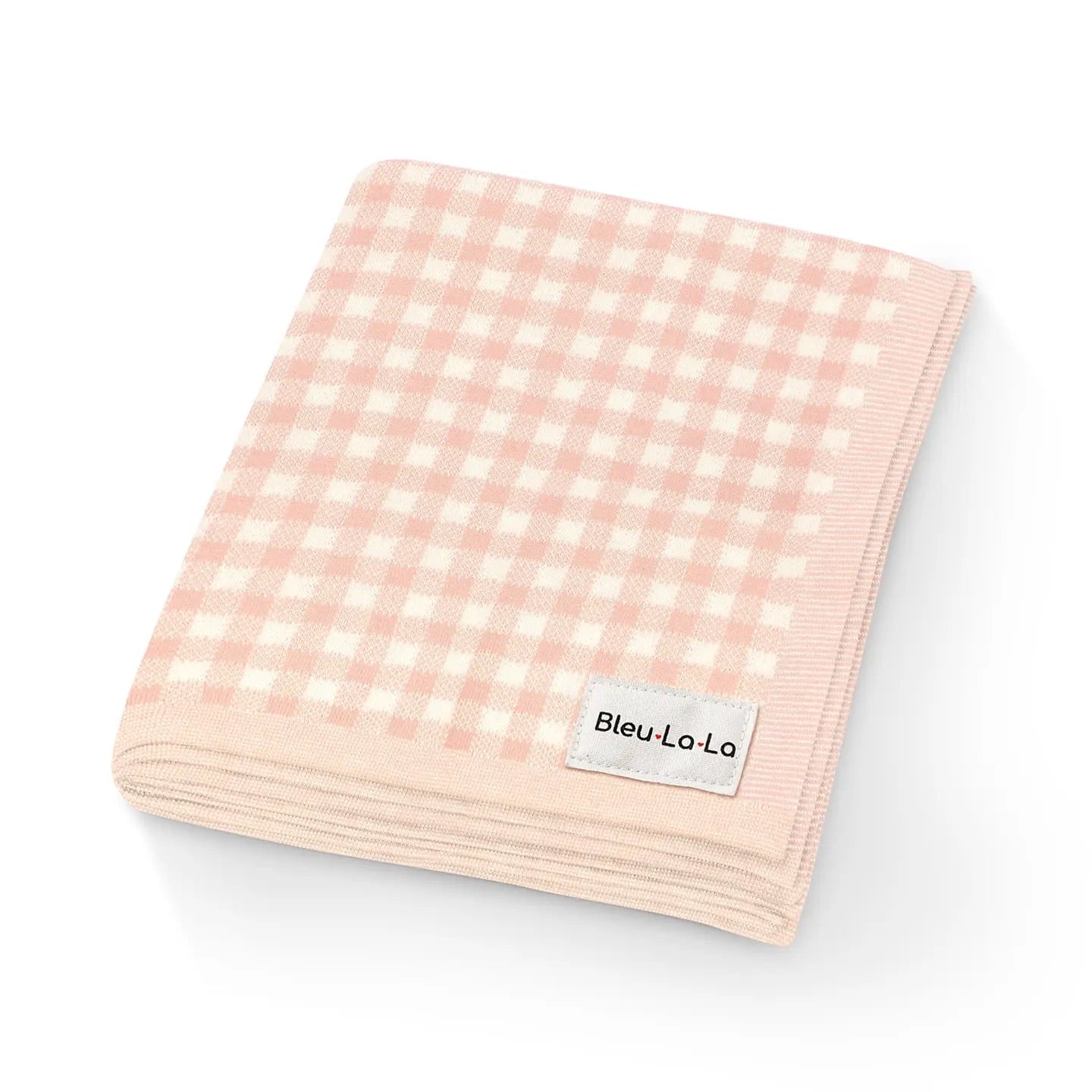 Pink checkered blanket with a 'Bleu La La' label on a white background