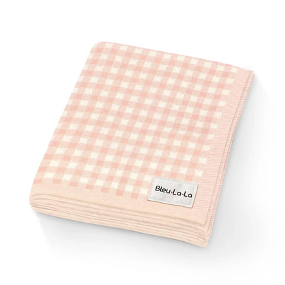 Pink checkered blanket with a 'Bleu La La' label on a white background