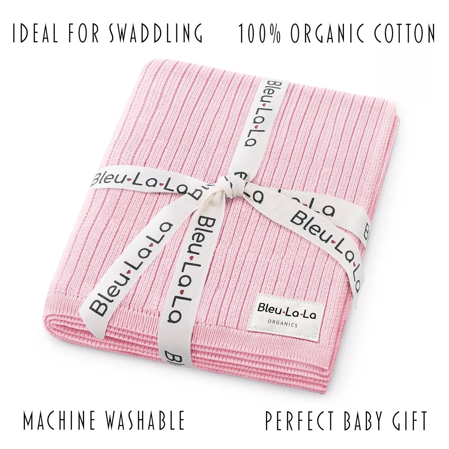Pink swaddle blanket with 'Bleu La La' branding on a white background