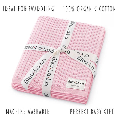 Pink swaddle blanket with 'Bleu La La' branding on a white background