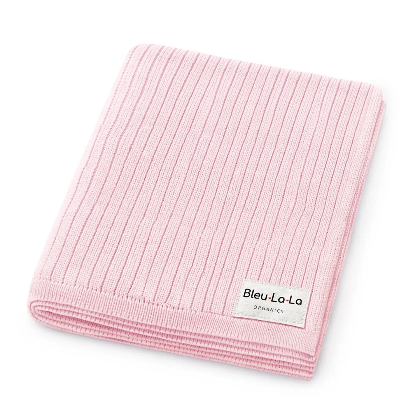 Pink ribbed blanket with 'Bleu-La-La' label on a white background