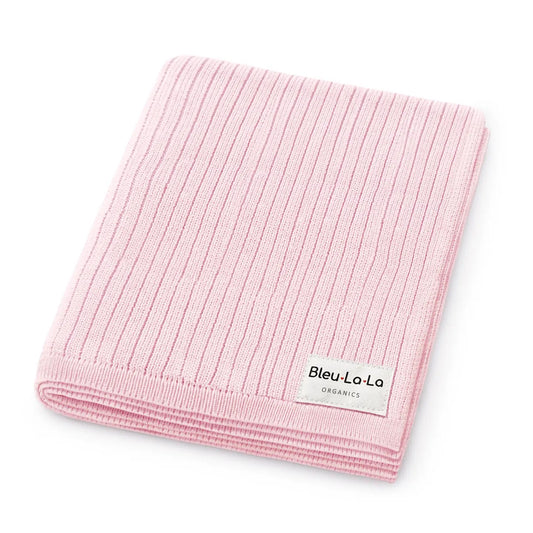 Pink ribbed blanket with 'Bleu-La-La' label on a white background