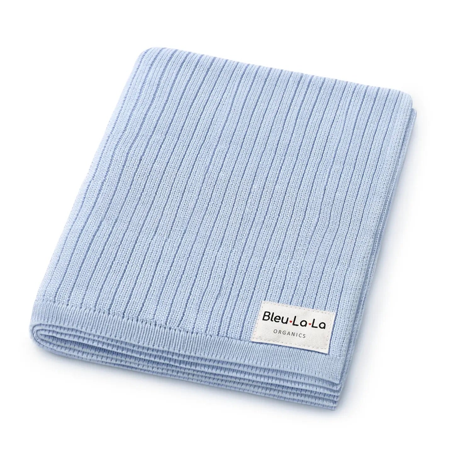 Light blue ribbed baby blanket with 'Bleu-Lo-La' label on a white background