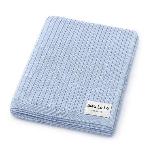 Light blue ribbed baby blanket with 'Bleu-Lo-La' label on a white background