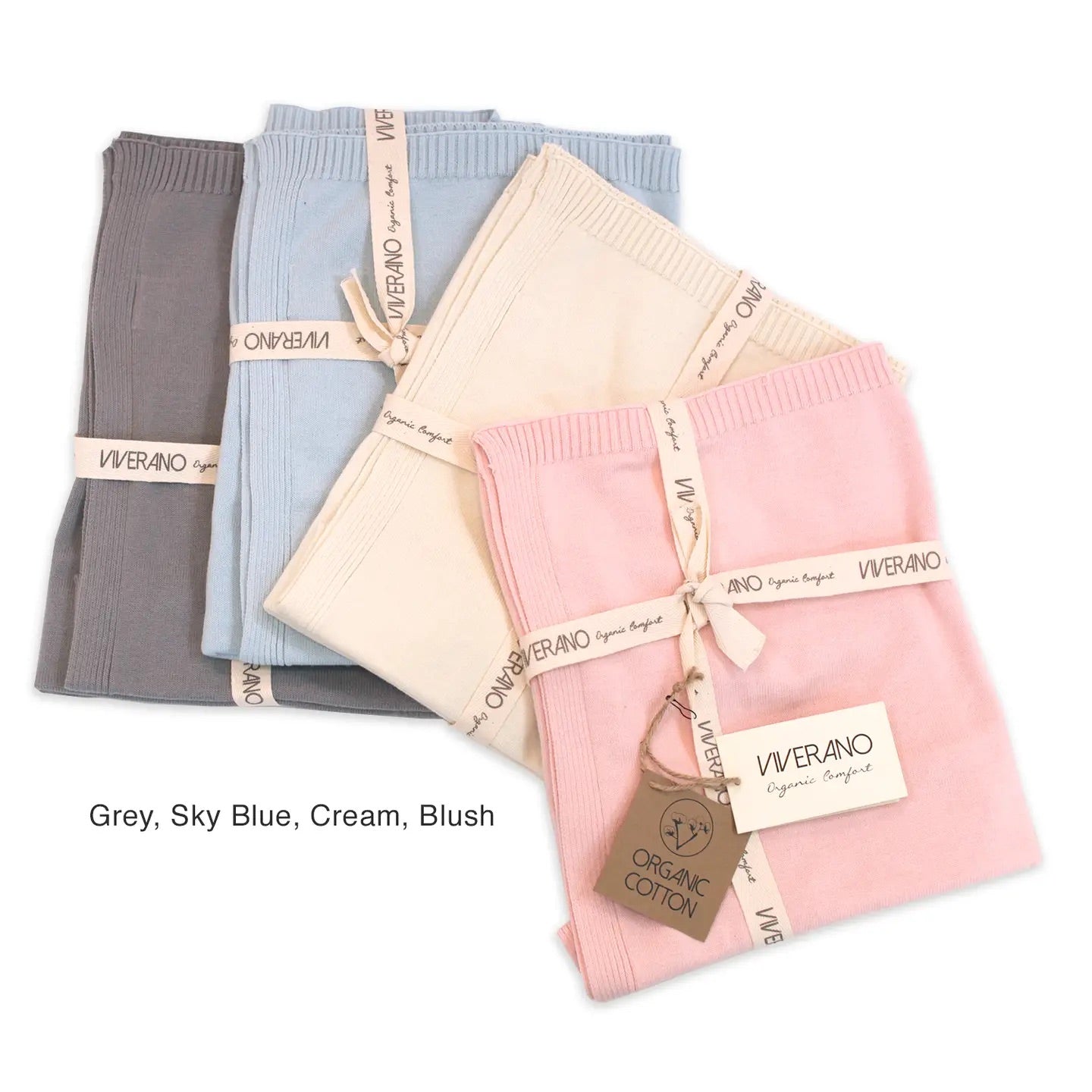 Four folded baby blankets in gray, sky blue, cream, and blush with 'Viverano' branding.