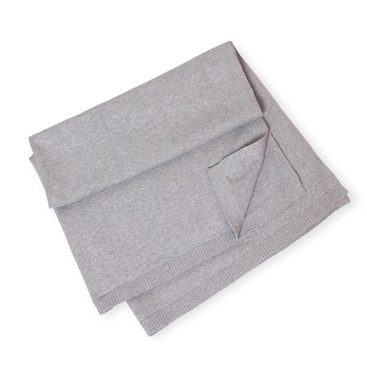 Folded gray baby swaddle blanket on a white background