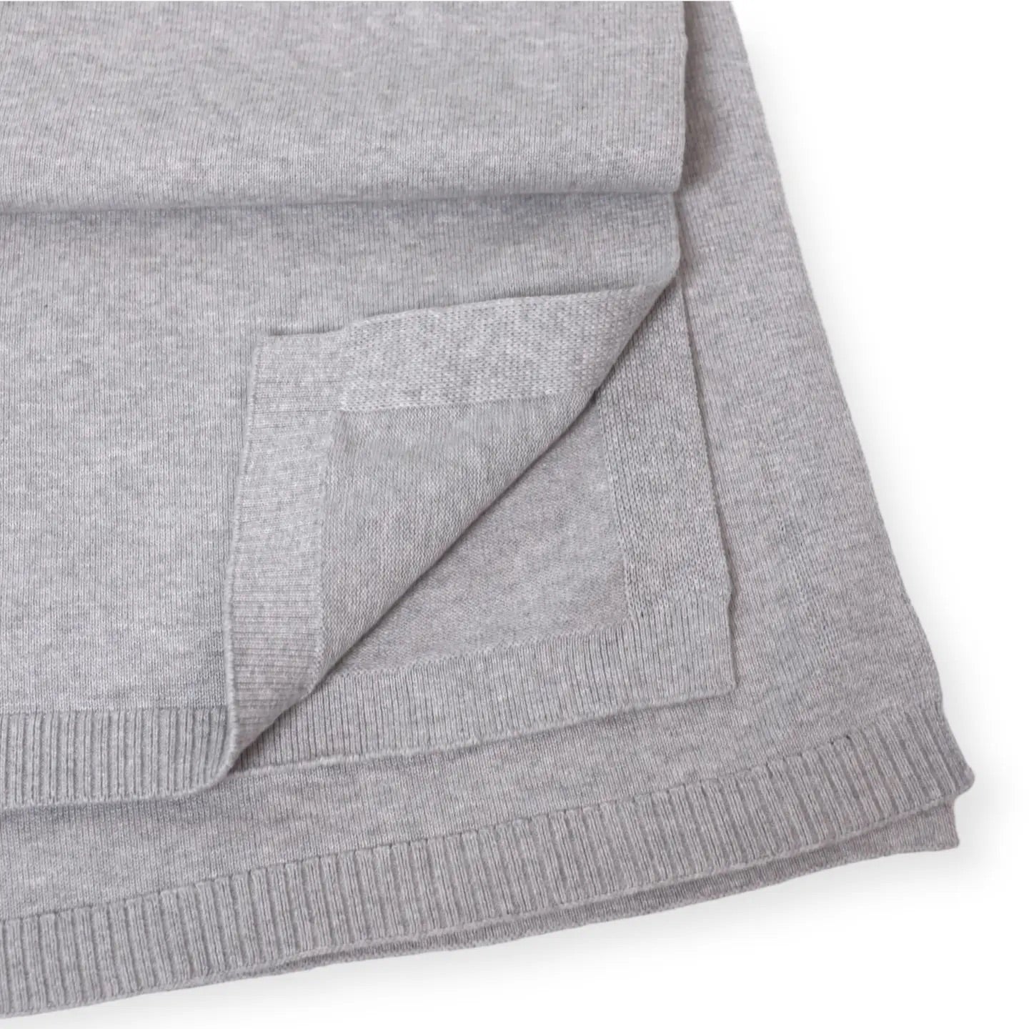 Gray knitted baby swaddle blanket on a white background