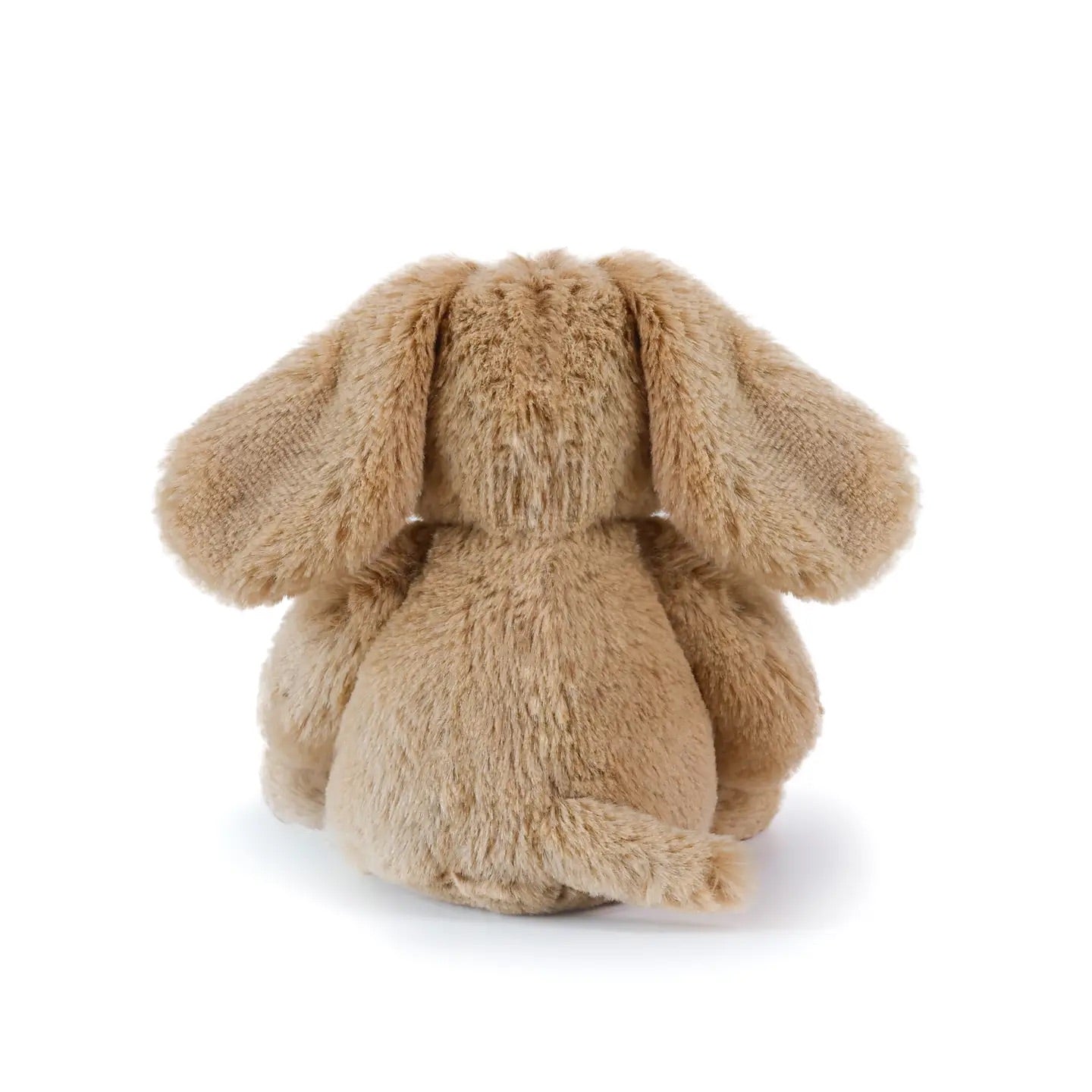 Brown dog plush toy on a white background, back view