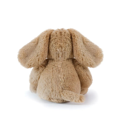 Brown dog plush toy on a white background, back view