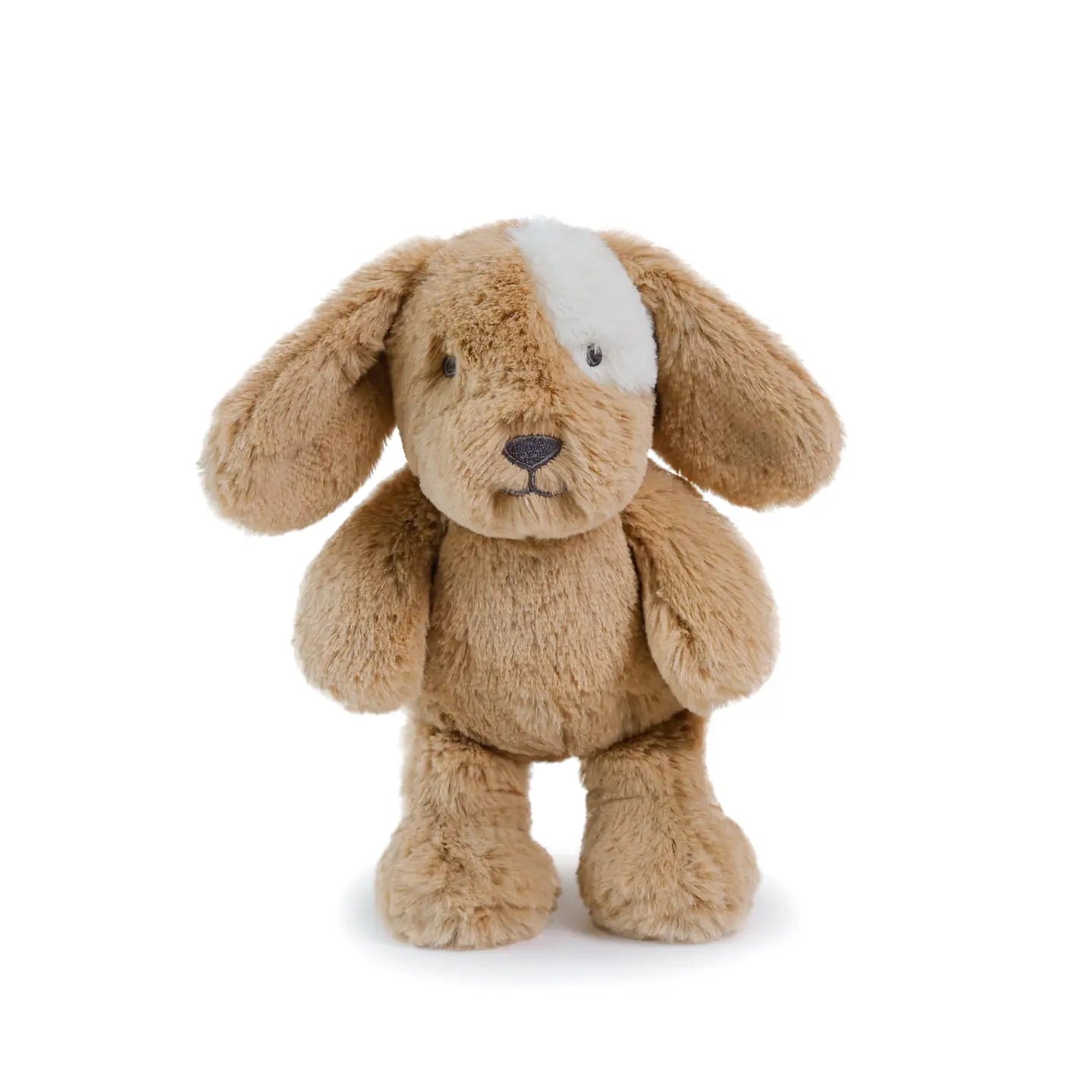 Brown dog plush toy on a white background, standing front view