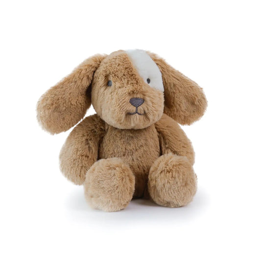 Brown dog plush toy on a white background, front view