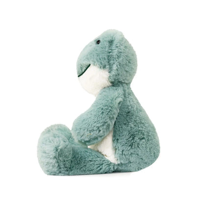Teal green frog plush toy on white background, side profile view
