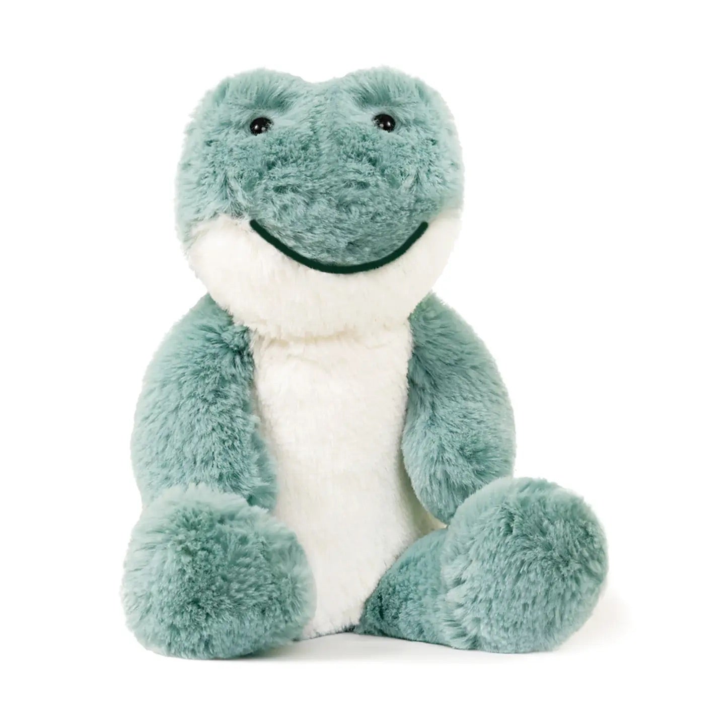Teal green frog plush toy on white background, sitting front view