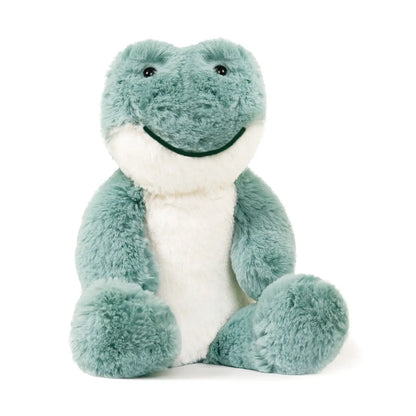 Teal green frog plush toy on white background, sitting front view