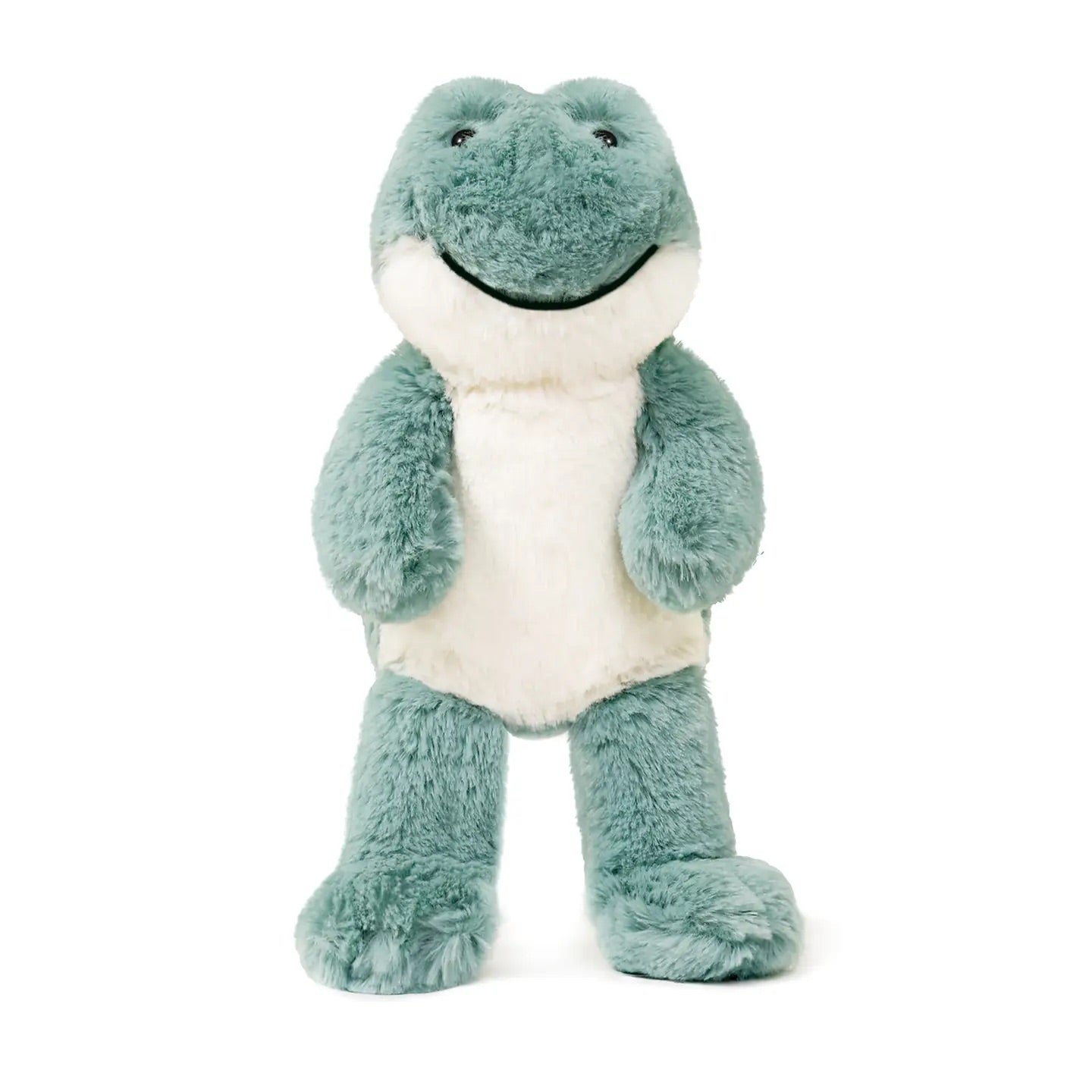 Teal green frog plush toy on white background, standing front view
