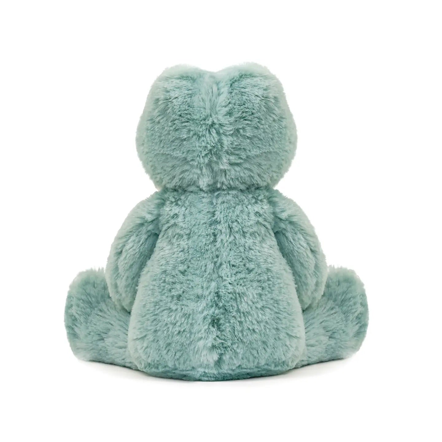 Teal green frog plush toy on white background, back view