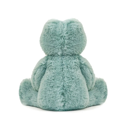 Teal green frog plush toy on white background, back view