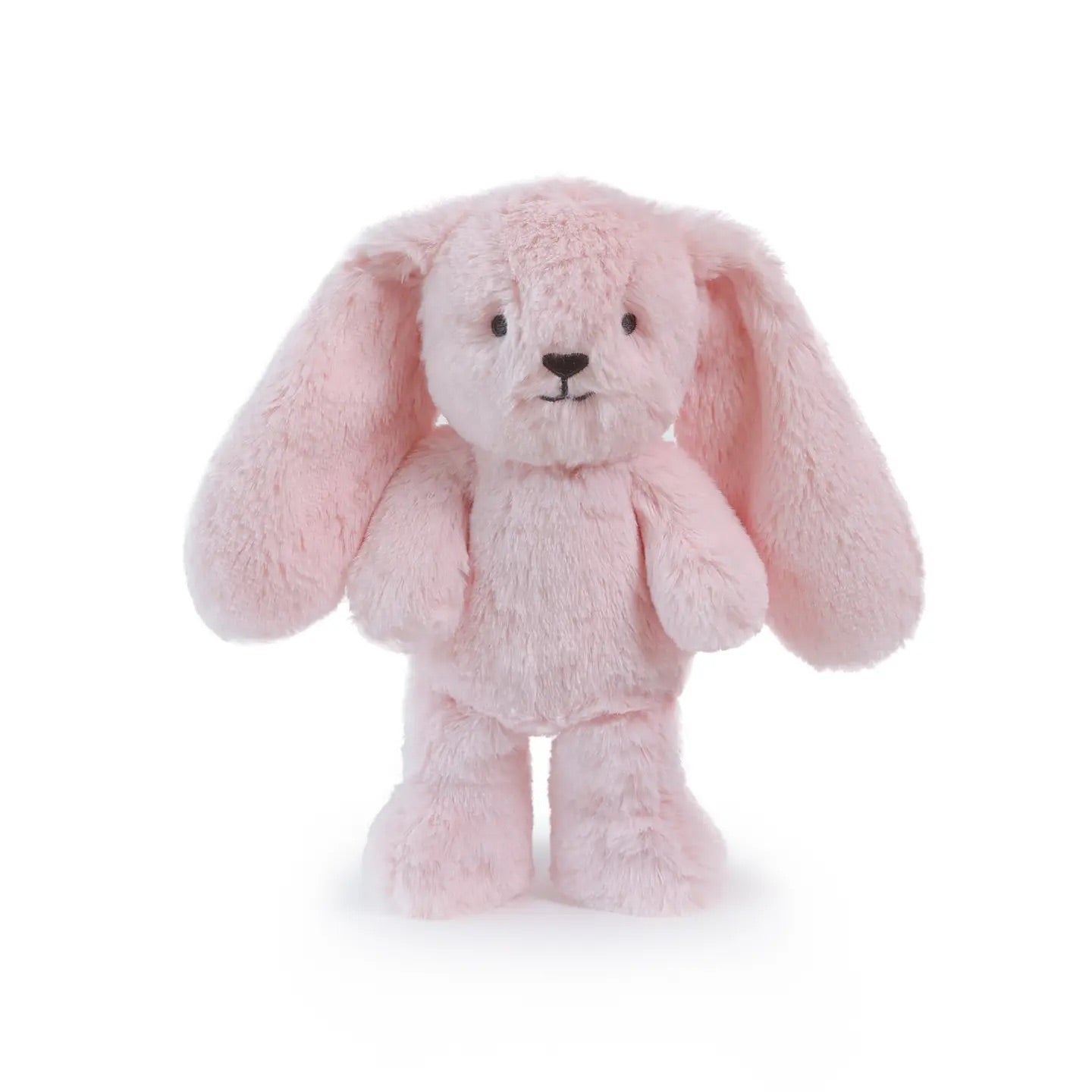 Pink plush bunny toy on a white background, front view
