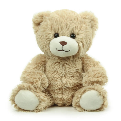 Beige teddy bear plush on a white background, front view sitting position