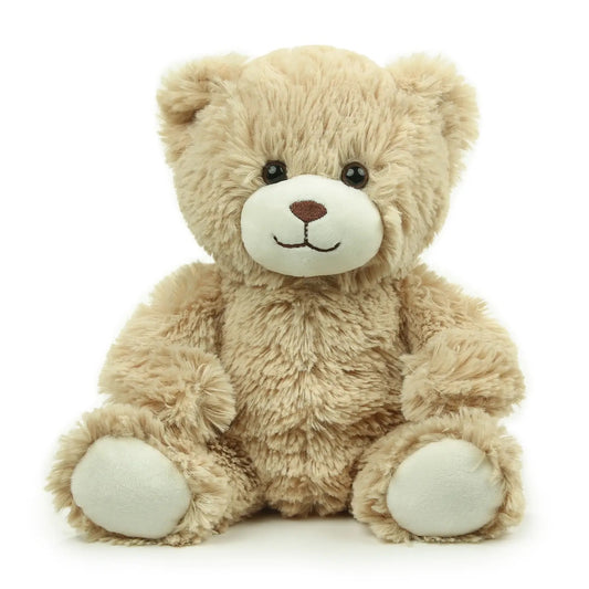 Beige teddy bear plush on a white background, front view sitting position