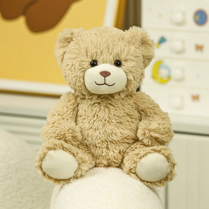 Beige teddy bear plush on a white background, front view sitting position