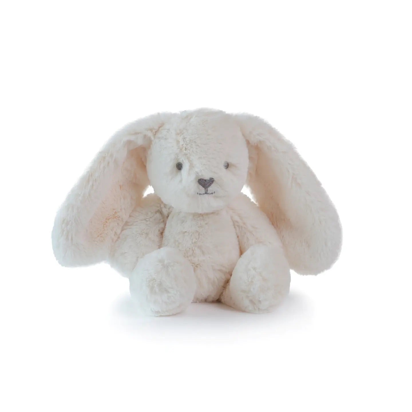 Oatmeal white plush bunny toy on a white background, sitting down